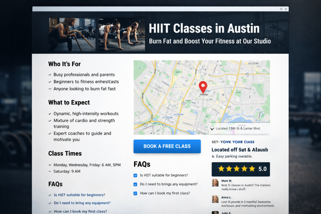 Fitness studio website local SEO class page screenshot with map, customer reviews, class details, and a booking button for local gym search visibility.
