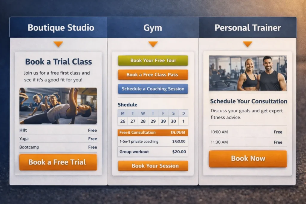 Comparison graphic for fitness website booking paths showing a boutique studio, gym, and personal trainer booking journey