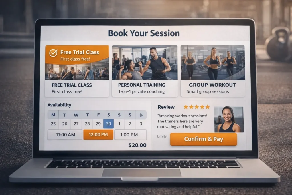 Fitness booking page mockup with service cards, availability calendar, customer review snippet, and confirm and pay button