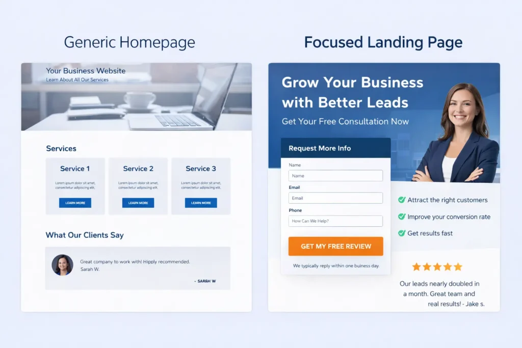 Side by side comparison of a generic homepage versus a focused landing page layout for website lead generation and conversion optimization