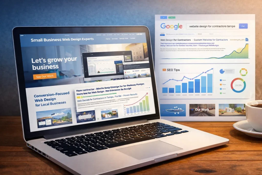 Hero image for google ranking for business website showing a small business website on a laptop with Google search results and an analytics dashboard.