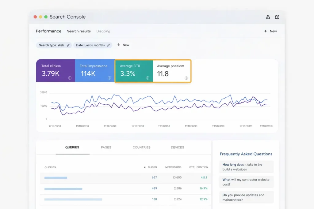 Screenshot mockup of Google Search Console Performance report showing clicks, impressions, CTR, and average position highlighted for website SEO tracking.