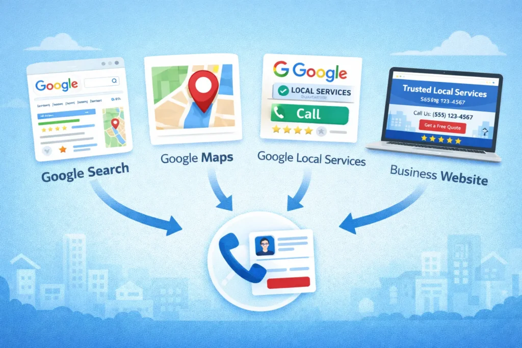 Diagram showing Google Search, Google Maps, Google Local Services, and a business website feeding into one inquiry path for local service leads