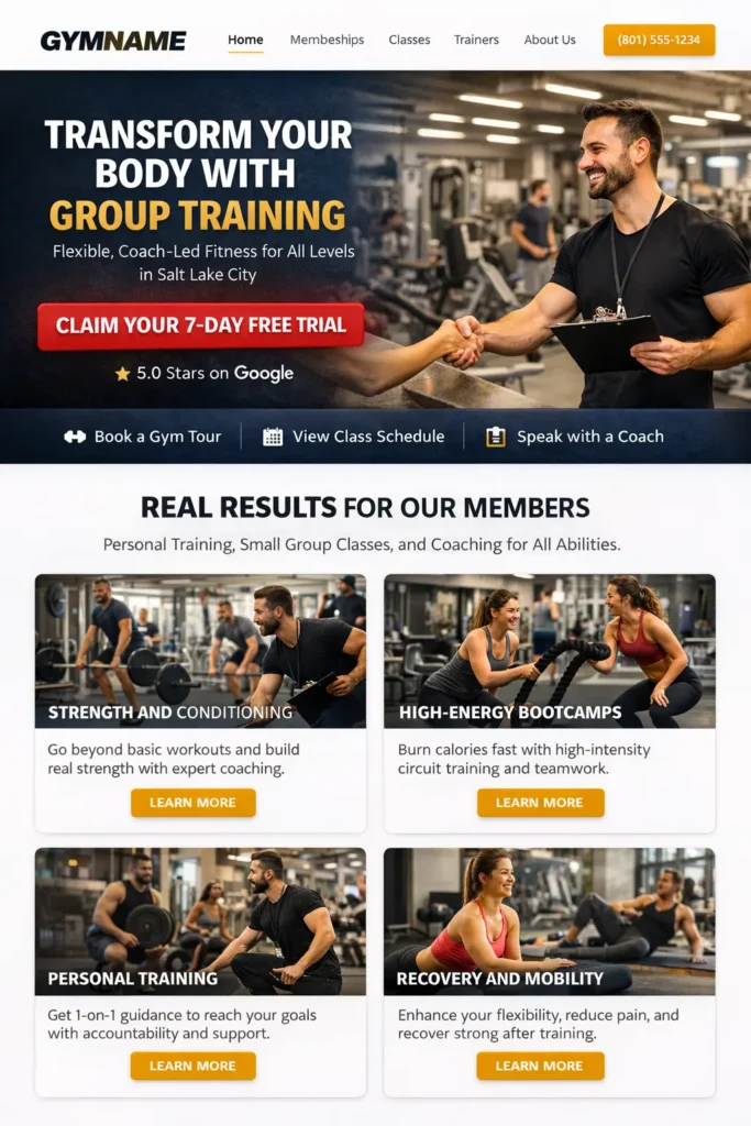 Screenshot mockup of a gym homepage with a strong headline, CTA button, review stars, and class preview cards.