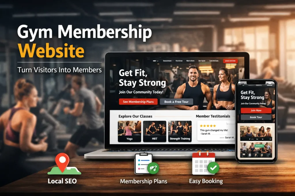 Gym membership website design shown on laptop and mobile with membership plans, local SEO, and easy booking features