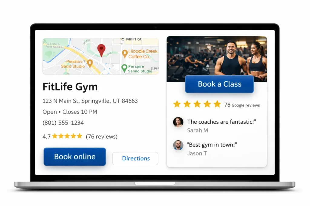 Google Business Profile style gym listing with local map, booking button, and review stars next to gym details