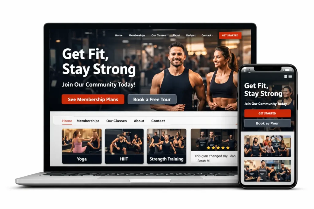 Gym membership website homepage hero mockup with headline, membership CTA, and class booking CTA above the fold