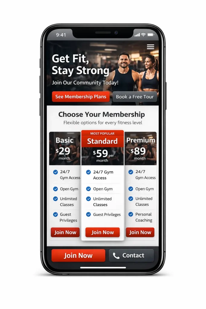 Mobile view of a gym membership website homepage with sticky CTA, membership cards, and quick contact button