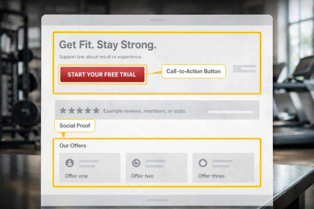 Homepage wireframe for gym website design highlighting headline, CTA, social proof, and offer blocks