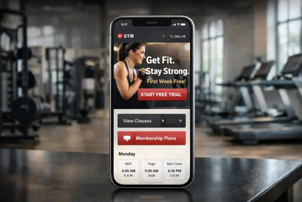 Mobile gym website design mockup showing sticky CTA, class schedule preview, and simplified navigation on smartphone