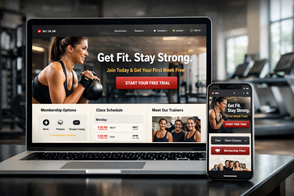 Gym website design hero section showing a modern homepage with strong CTA, membership offer, and mobile-friendly layout on laptop and smartphone