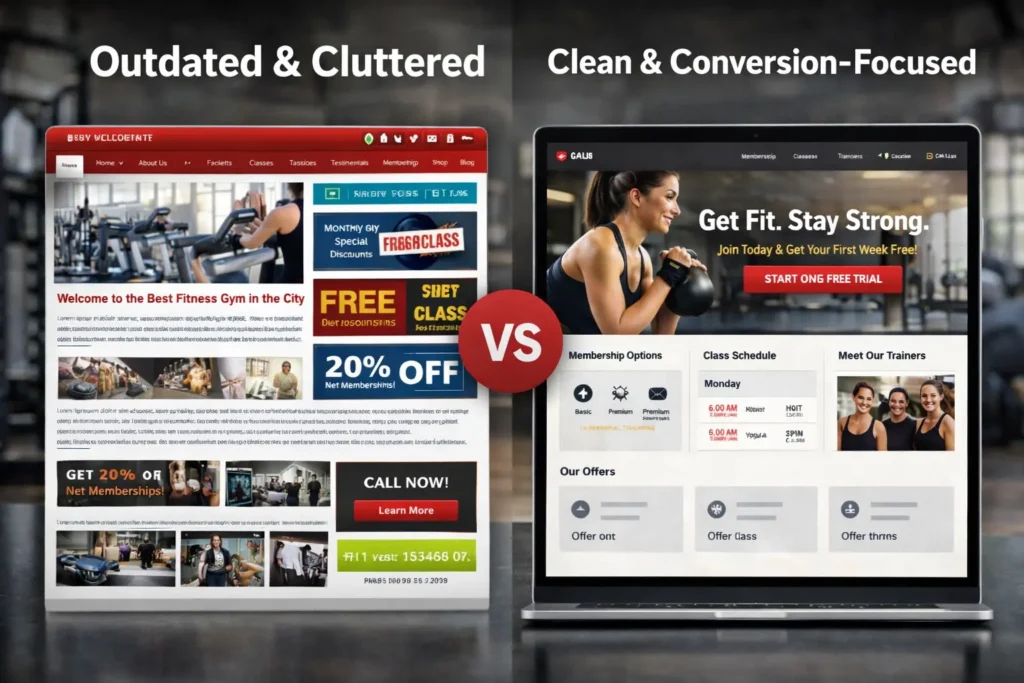Comparison image of gym website design showing a cluttered outdated layout versus a clean conversion-focused redesign