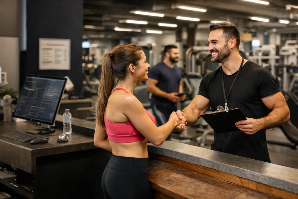Gym website that gets leads hero image showing a modern local gym coach greeting a new member near the front desk.
