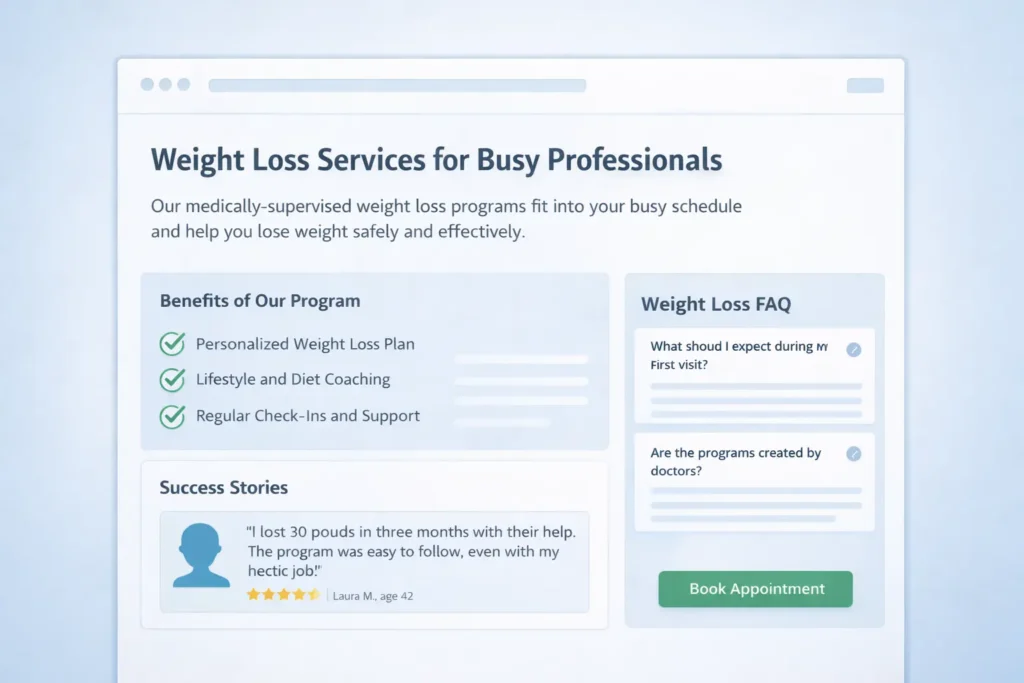 Healthcare website for small business service page layout featuring a clear headline, benefit highlights, FAQ section, testimonial block, and book appointment call to action.
