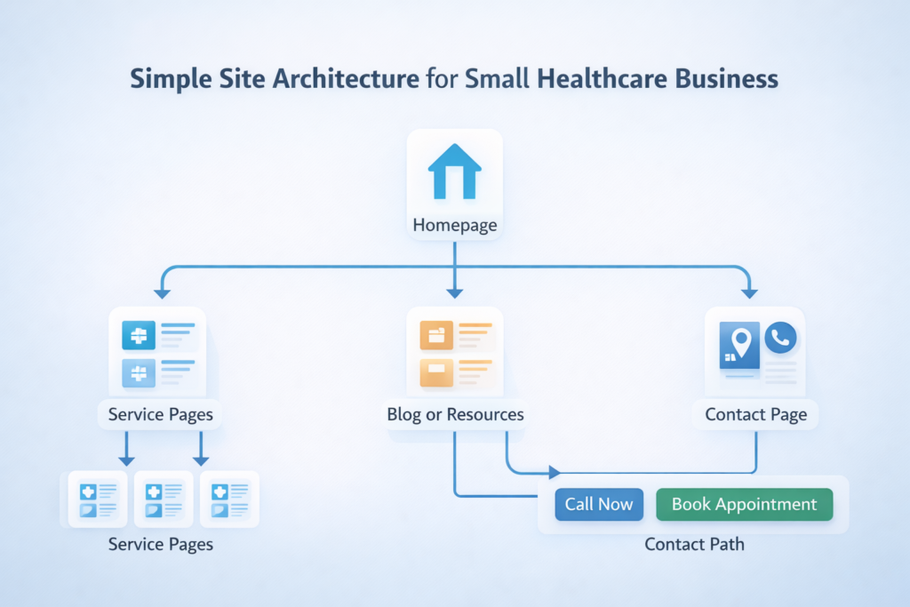 Healthcare website for small business diagram showing a simple site architecture with homepage, service pages, blog or resource pages, and a contact path leading to call now and book appointment actions.
