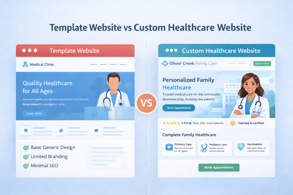 Healthcare website for small business comparison graphic showing a side by side view of a template website versus a custom healthcare website with branding, trust signals, service sections, and booking calls to action.