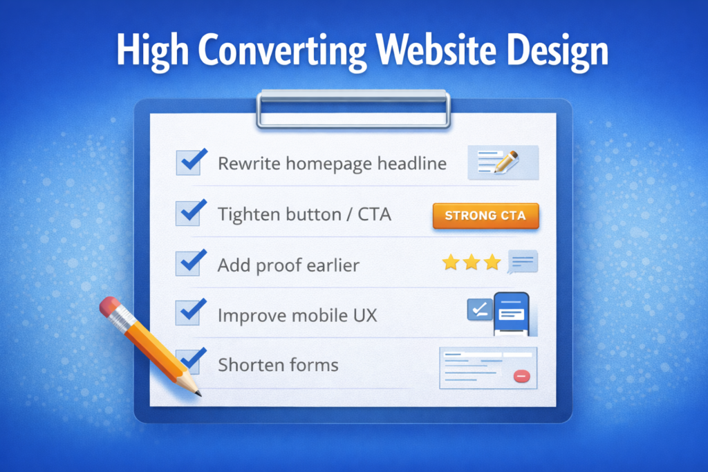High converting website design checklist graphic showing homepage headline, CTA, proof, mobile UX, and form simplification improvements for better conversions.