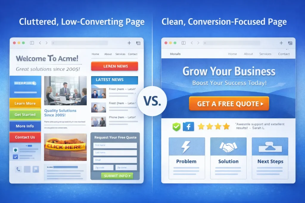 High converting website design comparison image showing a cluttered low-converting webpage next to a clean conversion-focused layout with strong CTA, trust signals, and better user flow.