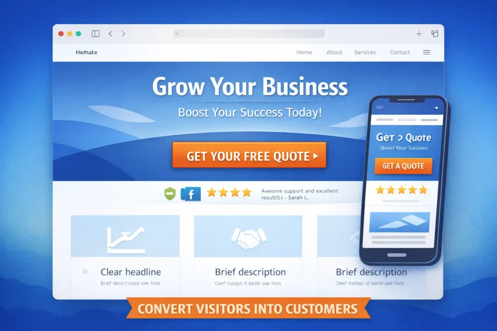 High converting website design homepage mockup with a strong hero section, clear CTA button, trust badges, mobile-friendly layout, and conversion-focused sections.