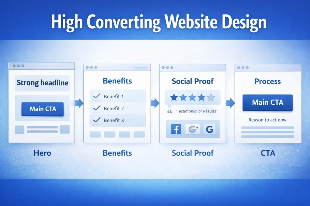 High converting website design wireframe graphic showing page flow from hero section to benefits, social proof, process, and CTA for better website conversions.