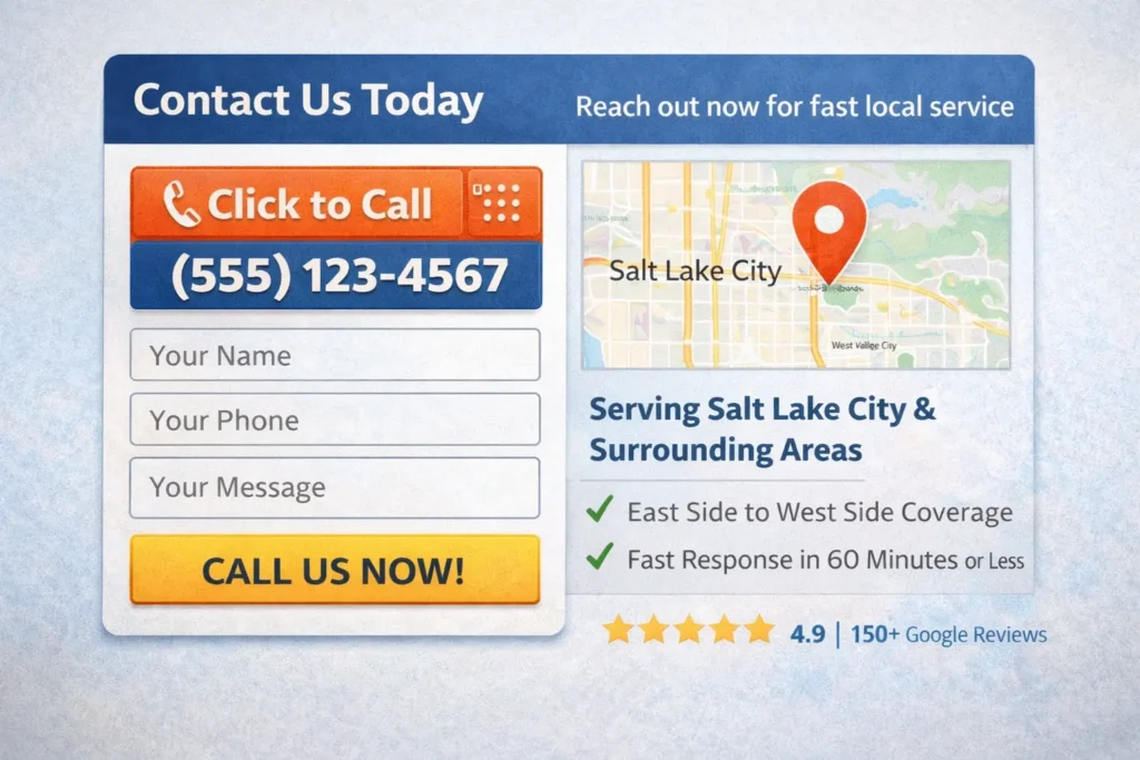 Contact section for home service website design featuring a click-to-call button, short contact form, service area map, and review stars for a local contractor website.