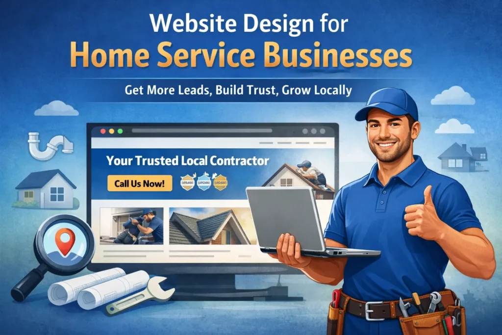 Illustration of a contractor holding a laptop beside a desktop screen showing a home service website design with trust badges, service icons, and a call-to-action button.