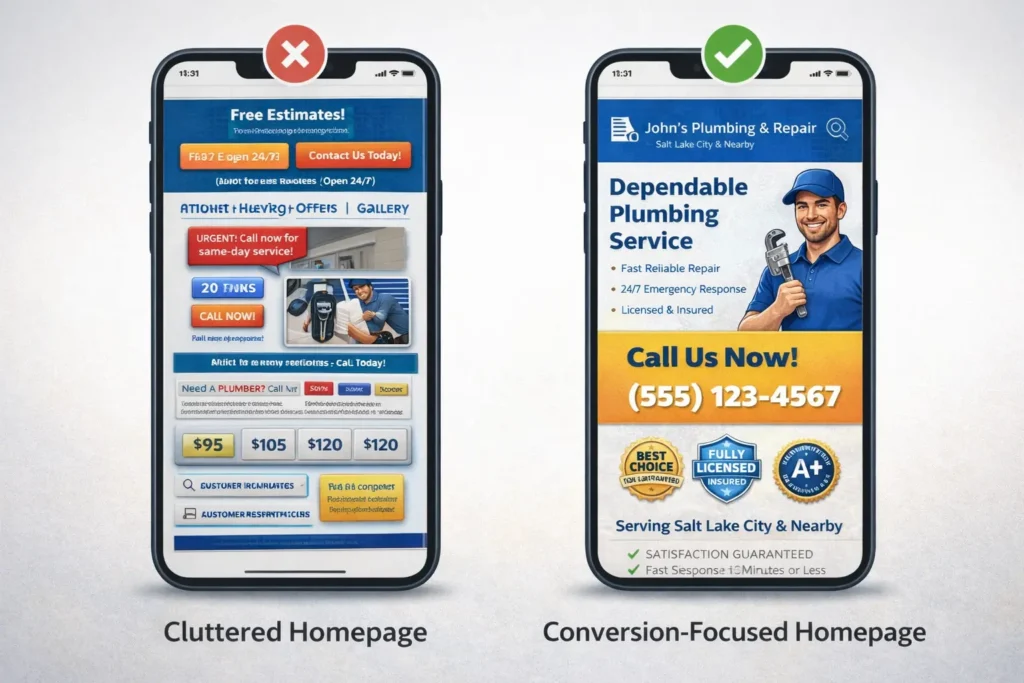 Mobile comparison of a cluttered contractor homepage versus a clean conversion-focused homepage for home service website design, showing stronger CTA placement and trust signals.