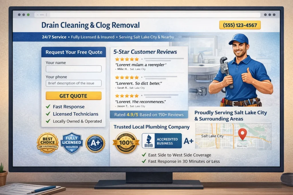 Home service website design example showing a service page layout with customer reviews, a short quote form, local trust badges, and a clear call-to-action for local contractors.