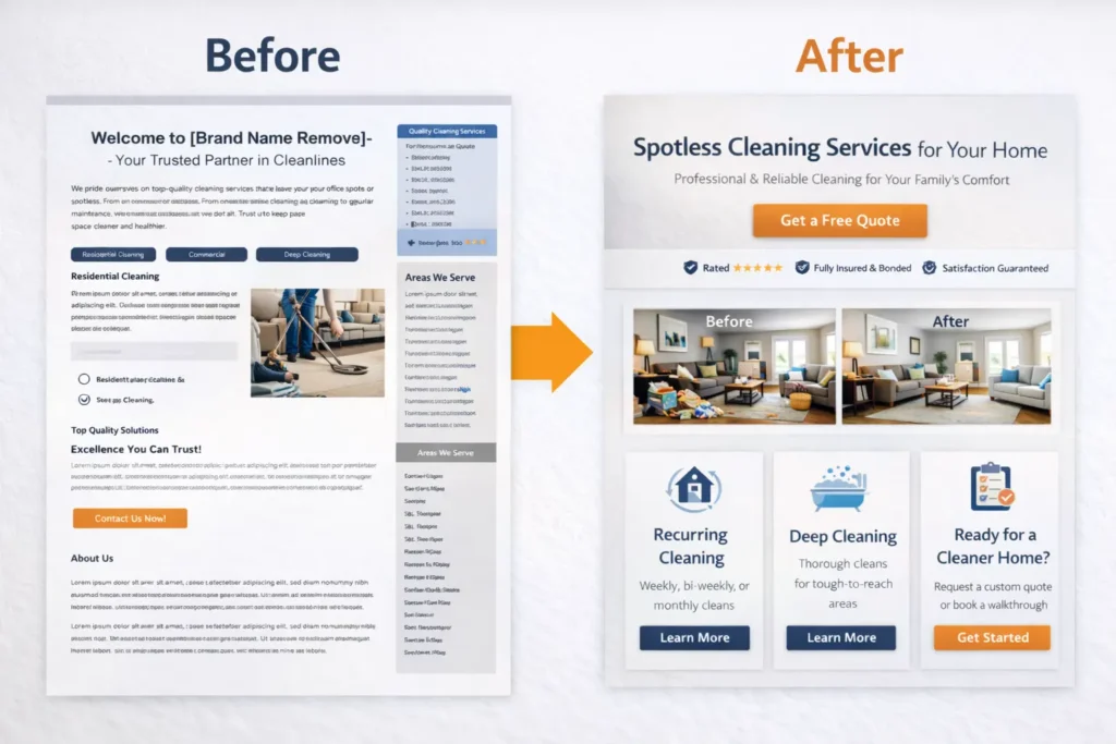 Before-and-after comparison of a house cleaning website showing a cluttered service site versus a clean conversion-focused layout