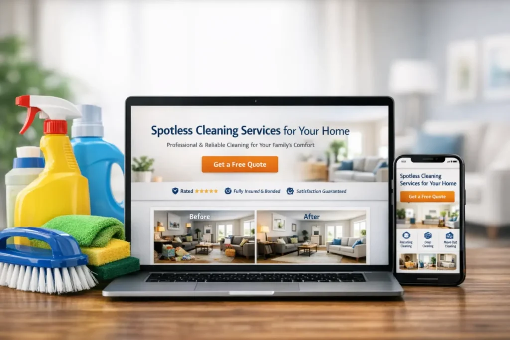 Laptop and smartphone displaying a house cleaning website with quote button, service sections, and cleaning supplies on a table