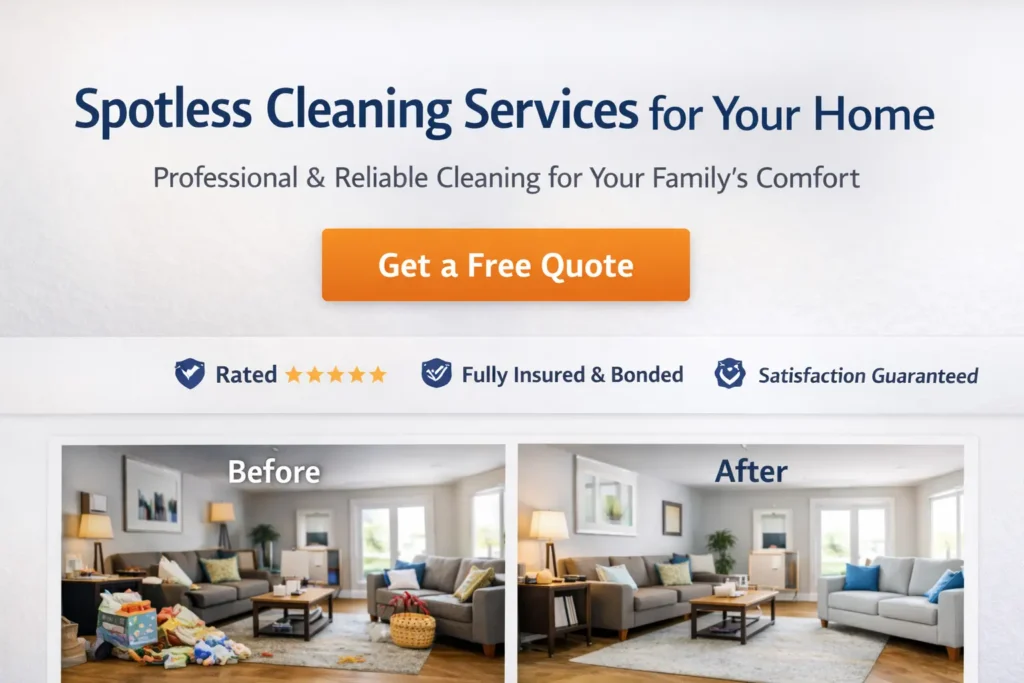 House cleaning website hero section mockup with headline, CTA button, trust badges, and before-and-after cleaning imagery