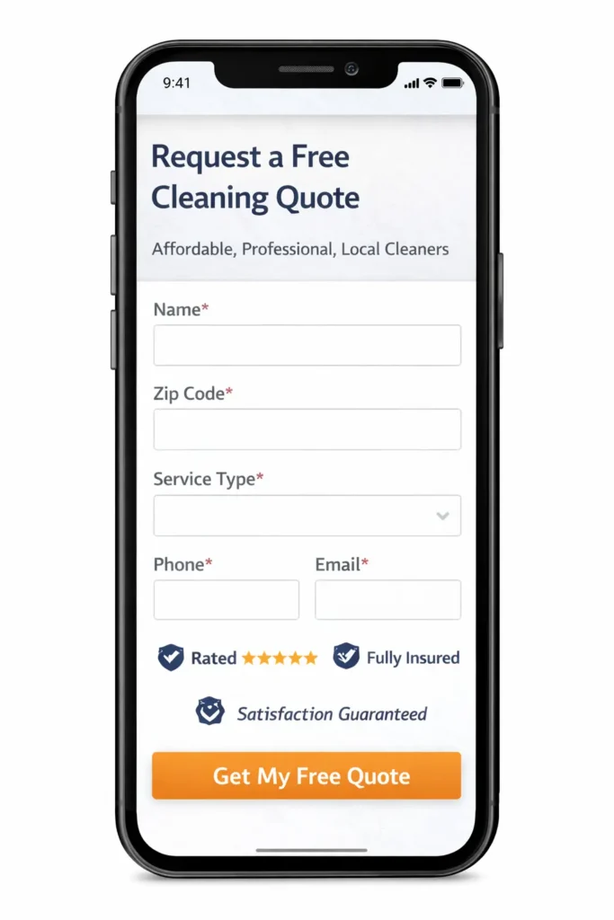 Mobile quote form wireframe for a house cleaning website with short form fields, trust copy, and sticky call button