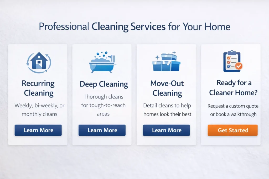 Services overview section for a house cleaning website showing recurring cleaning, deep cleaning, move-out cleaning, and CTA cards