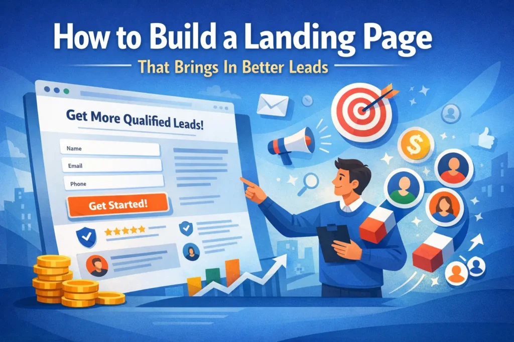 Illustrated featured image of a lead generation landing page with a form, call-to-action button, target icon, funnel, and growth elements