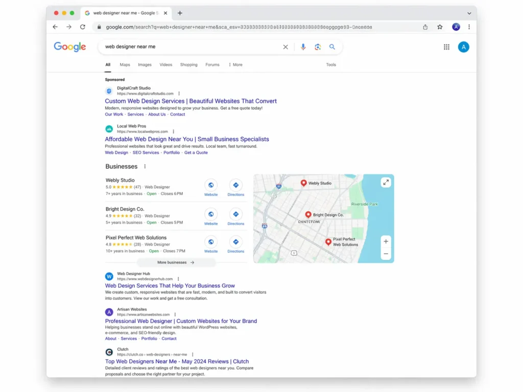 How to get found on Google with a screenshot mockup of ads, map pack, and organic listings for a local service keyword