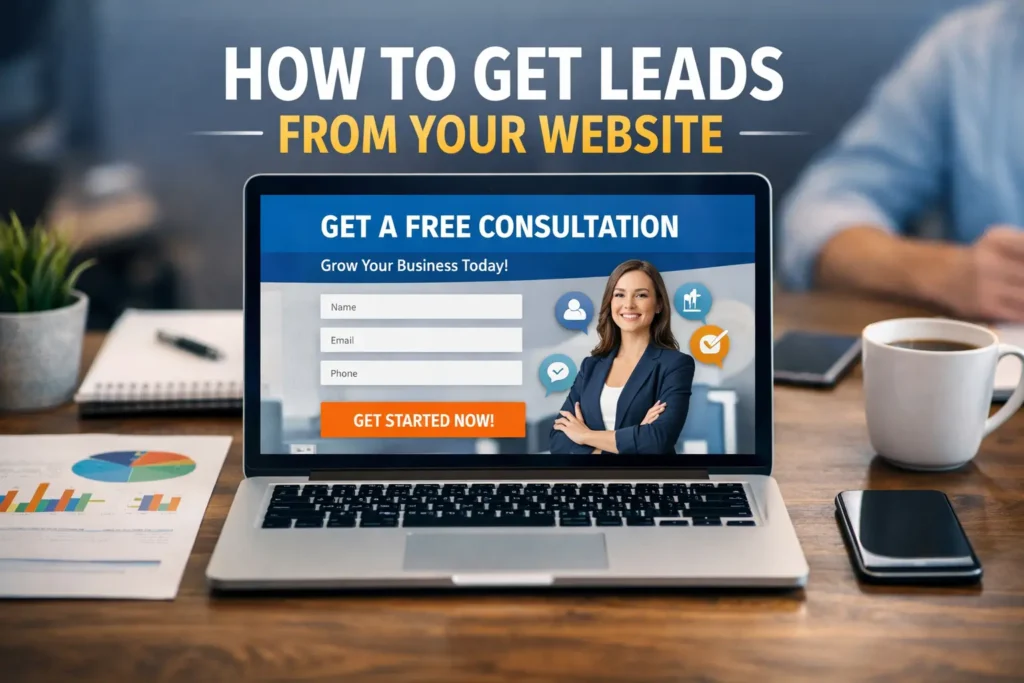 Laptop showing a lead generation landing page with the headline how to get leads from your website in a professional office setting