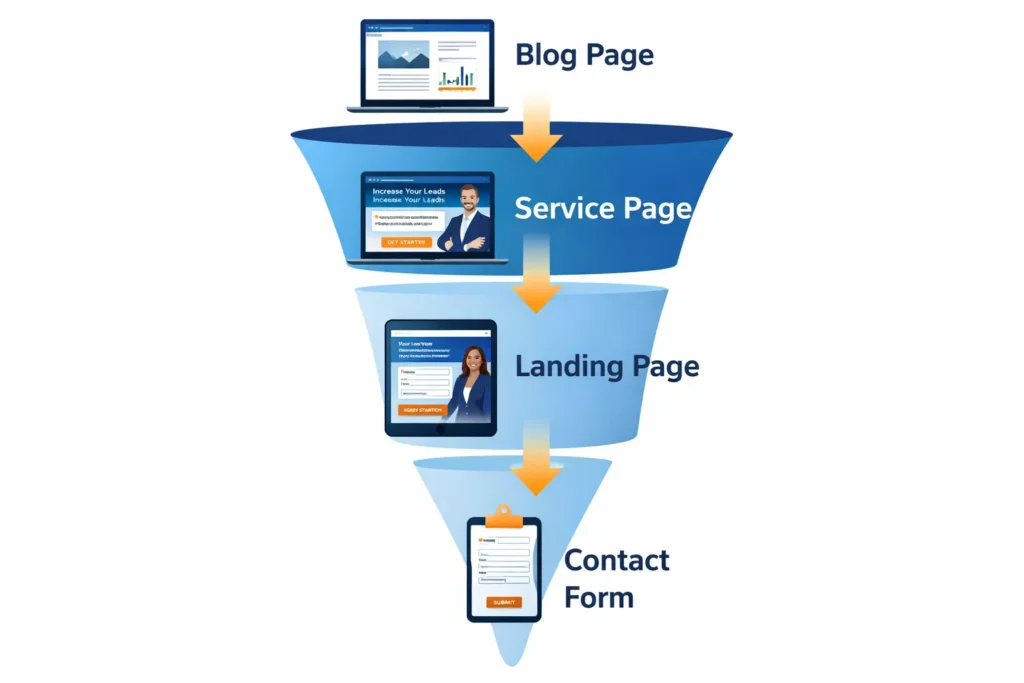 How to get leads from website funnel graphic showing blog page to service page to landing page to contact form conversion path