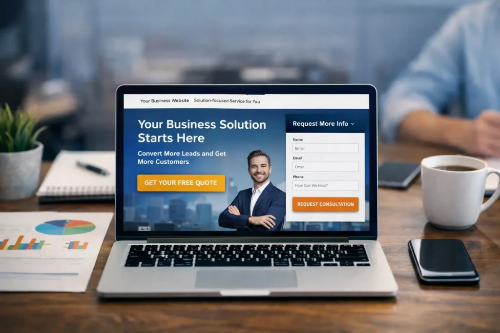How to get leads from website hero image showing a business website with a clear call to action button and inquiry form on a laptop screen