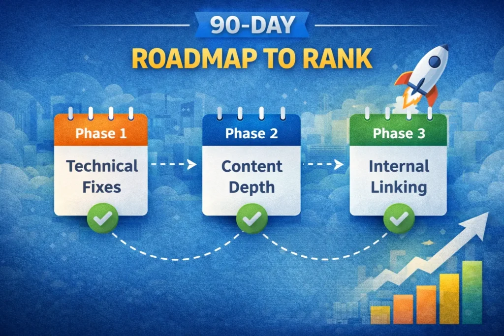 Simple 90-day roadmap graphic showing technical fixes, content depth, and internal linking phases for a small business website SEO plan