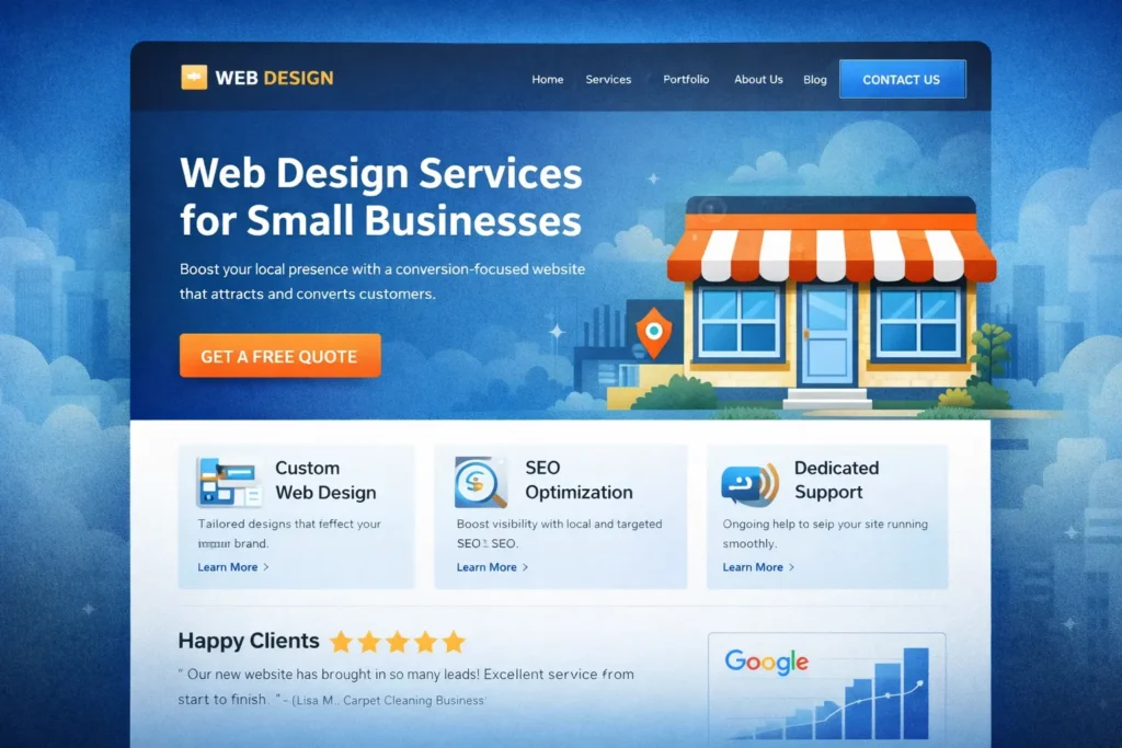 Homepage mockup for how to rank small business website with a strong hero section, service blocks, customer review proof, and one clear CTA button