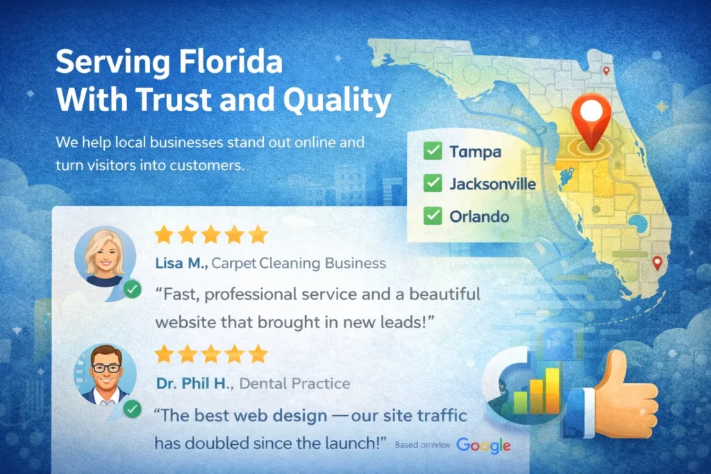 Local service area section with customer testimonials, review stars, and a map-style visual showing trust signals for a small business website
