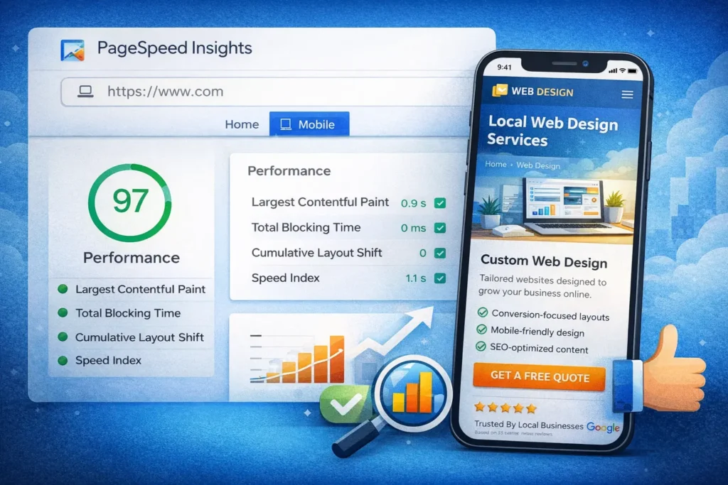 PageSpeed Insights results beside a mobile view of a small business service page showing fast website performance and mobile-friendly web design