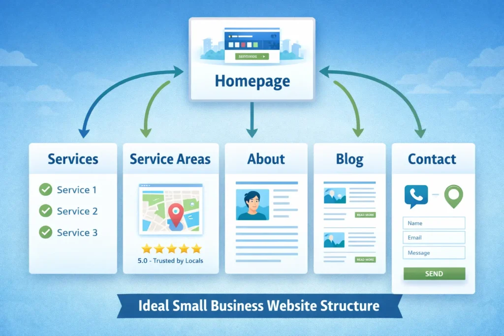 Section graphic showing an ideal small business website structure with Homepage, Services, Service Areas, About, Blog, and Contact pages connected in a clear site architecture.