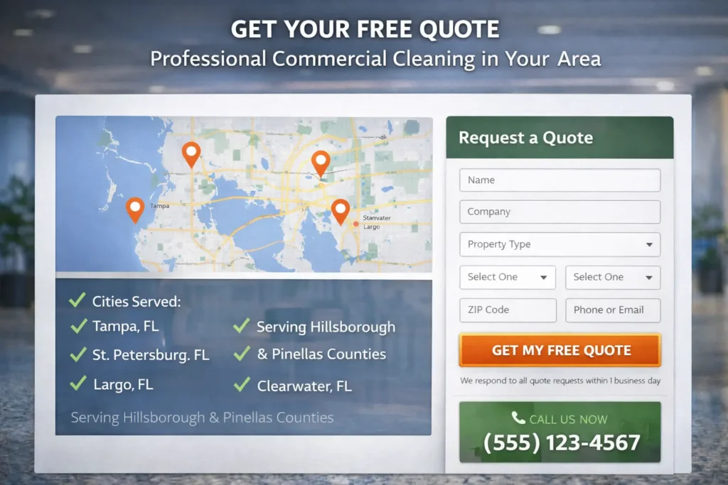Janitorial website contact and quote section mockup with service area map, city list, request a quote form, and mobile call button for local janitorial website design.