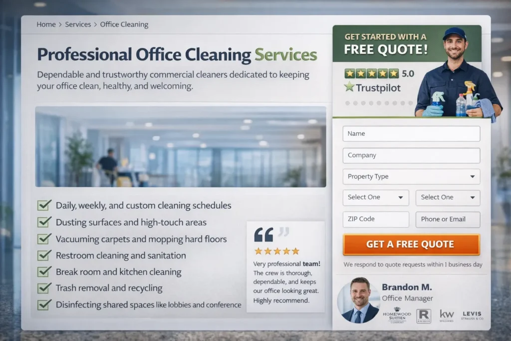 Janitorial service page layout mockup with sticky get a free quote CTA, office cleaning service checklist, and testimonial block for janitorial website design.