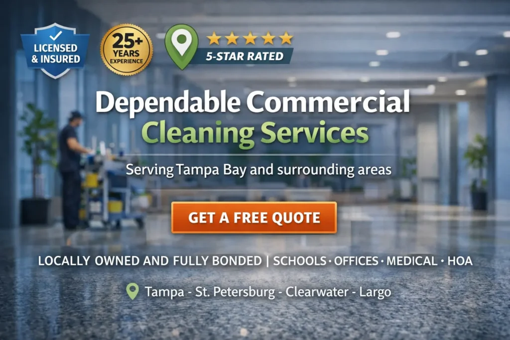 Janitorial website homepage hero mockup with trust badges, commercial cleaning headline, call-to-action button, and service area text for local janitorial website design.