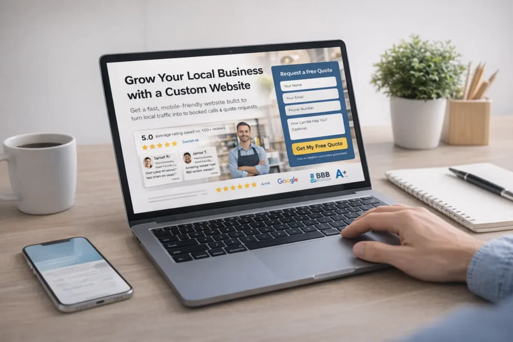 Landing page for small business shown on a laptop with a clear call to action and lead generation design