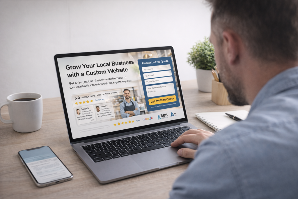 Landing page for small business hero image showing a small business owner reviewing a website mockup on a laptop