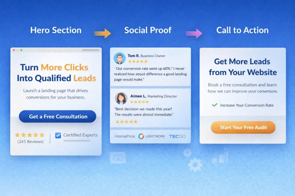 Landing page section flow showing hero section, social proof, and call to action in a clear conversion-focused page layout