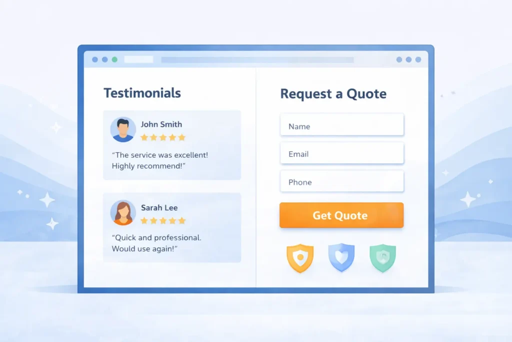 Section mockup of a landing page with testimonials, trust badges, and a quote request form